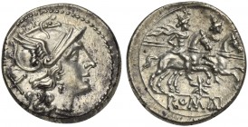 Star (first) series, Denarius, Rome, ca. 206-195 BC; AR (g 4,22; mm 18; h 1); Helmeted head of Roma r.; behind, X, Rv. Dioscuri galloping r.; below, s...