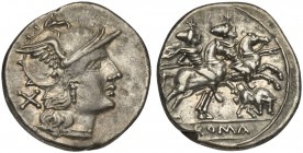 Butting Bull series, Denarius, Rome, ca. 206-195 BC; AR (g 3,47; mm 19; h 11); Helmeted head of Roma r.; behind, X, Rv. Dioscuri galloping r.; below, ...