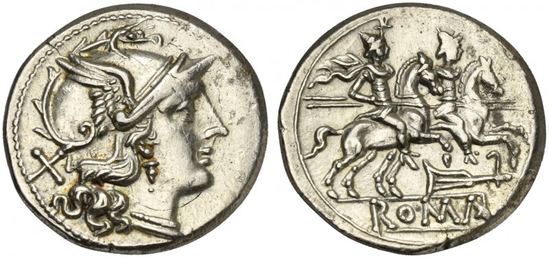 Rudder series, Denarius, Rome, ca. 206-195 BC; AR (g 4,28; mm 19; h 8); Helmeted...