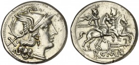 Rudder series, Denarius, Rome, ca. 206-195 BC; AR (g 4,28; mm 19; h 8); Helmeted head of Roma r.; behind, X, Rv. Dioscuri galloping r.; below, rudder;...