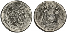 Sow series, Victoriatus, Rome, ca. 206-195 BC; AR (g 2,92; mm 17; h 3); Laureate head of Jupiter r., Rv. Victory crowning trophy; between, sow r.; in ...