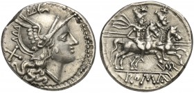 A. Terentius Varro, Denarius, Uncertain mint, ca. 206-200 BC; AR (g 3,58; mm 18; h 1); Helmeted head of Roma r.; behind, X, Rv. Dioscuri galloping r.;...