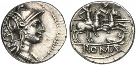 Shield and Carnix series, Denarius, Uncertain mint, ca. 206-200 BC; AR (g 3,54; mm 18; h 1); Helmeted head of Roma r.; behind, X, Rv. Dioscuri gallopi...