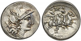 TAMP series, Denarius, Rome, ca. 194-190 BC; AR (g 3,70; mm 19; h 11); Helmeted head of Roma r.; behind, X, Rv. Dioscuri galloping r.; above, TAMP lig...