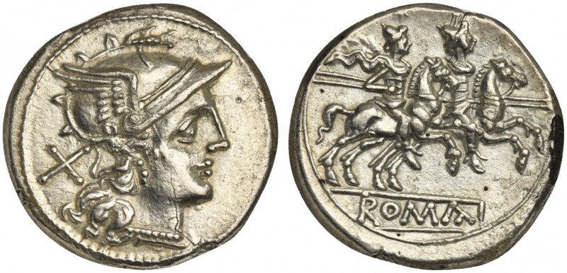 Anonymous, Denarius, Rome, ca. 189-180 BC; AR (g 3,98; mm 18; h 7); Helmeted hea...