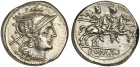 Anonymous, Denarius, Rome, ca. 189-180 BC; AR (g 3,98; mm 18; h 7); Helmeted head of Roma r.; behind, X, Rv. Dioscuri galloping r.; in ex. ROMA. Crawf...