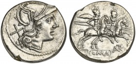 L. Autronius, Denarius, Rome, ca. 189-180 BC; AR (g 3,83; mm 18; h 2); Helmeted head of Roma r.; behind, X, Rv. Dioscuri galloping r.; below, AVTR lig...