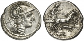 Prawn series, Denarius, Rome, ca. 179-170 BC; AR (g 3,97; mm 18; h 12); Helmeted head of Roma r.; behind, X, Rv. Luna in biga r.; below, prawn; in ex....