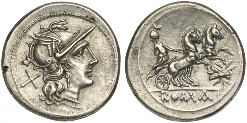 Fly series, Denarius, Rome, ca. 179-170 BC; AR (g 3,97; mm 19; h 8); Helmeted he...