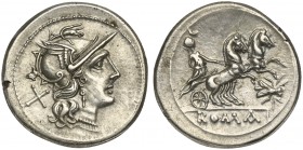 Fly series, Denarius, Rome, ca. 179-170 BC; AR (g 3,97; mm 19; h 8); Helmeted head of Roma r.; behind, X, Rv. Luna in biga r.; below, fly; in ex. ROMA...