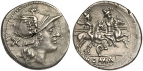 Ear series, Denarius, Uncertain mint, ca. 199-170 BC; AR (g 3,68; mm 20; h 3); Helmeted head of Roma r.; behind, X, Rv. Dioscuri galloping r.; below, ...