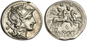 D series, Denarius, Uncertain mint, ca. 199-170 BC; AR (g 3,90; mm 19; h 6); Helmeted head of Roma r.; behind, X, Rv. Dioscuri galloping r.; below, D;...