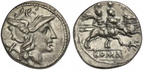 Gryphon series, Denarius, Rome, ca. 169-158 BC; AR (g 3,97; mm 18; h 12); Helmeted head of Roma r.; behind, X, Rv. Dioscuri galloping r.; below, gryph...