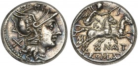 Pinarius Natta, Denarius, Rome, 155 BC; AR (g 4,02; mm 17; h 8); Helmeted head of Roma r.; behind, X, Rv. Victory in biga r., holding whip and reins; ...