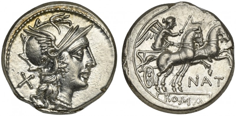 Pinarius Natta, Denarius, Rome, 155 BC; AR (g 3,93; mm 18; h 4); Helmeted head o...