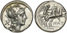 Pinarius Natta, Denarius, Rome, 155 BC; AR (g 3,93; mm 18; h 4); Helmeted head of Roma r.; behind, X, Rv. Victory in biga r., holding whip and reins; ...