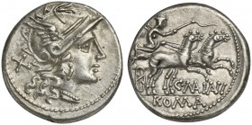 C. Maianus, Denarius, Rome, 153 BC; AR (g 3,71; mm 17; h 4); Helmeted head of Roma r.; behind, X, Rv. Victory in biga r., holding whip and reins; belo...