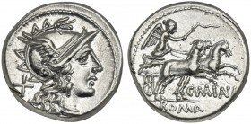 C. Maianus, Denarius, Rome, 153 BC; AR (g 4,19; mm 17; h 9); Helmeted head of Roma r.; behind, X, Rv. Victory in biga r., holding whip and reins; belo...