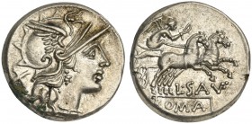 L. Saufeius, Denarius, Rome, 152 BC; AR (g 4,19; mm 17; h 8); Helmeted head of Roma r.; behind, X, Rv. Victory in biga r., holding reins and whip; bel...