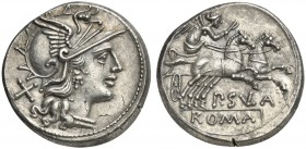 P. Cornelius Sulla, Denarius, Rome, 151 BC; AR (g 4,03; mm 18; h 3); Helmeted head of Roma r.; behind, X, Rv. Victory in biga r., holding reins and wh...