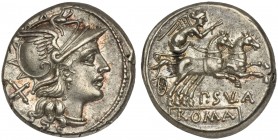 P. Cornelius Sulla, Denarius, Rome, 151 BC; AR (g 4,08; mm 18; h 6); Helmeted head of Roma r.; behind, X, Rv. Victory in biga r., holding reins and wh...