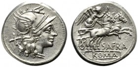 Spurius Afranius, Denarius, Rome, 150 BC; AR (g 4,07; mm 19; h 12); Helmeted head of Roma r.; behind, X, Rv. Victory in biga r., holding whip and rein...