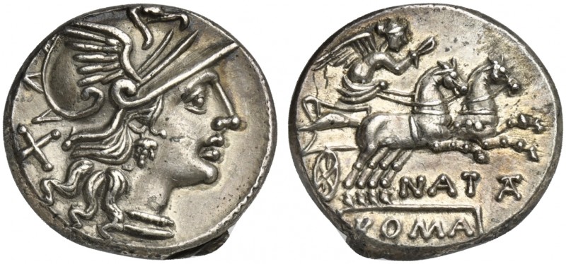 Pinarius Natta, Denarius, Rome, 149 BC; AR (g 3,96; mm 17; h 12); Helmeted head ...