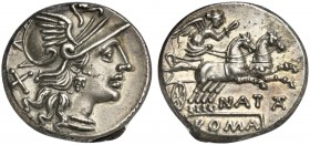Pinarius Natta, Denarius, Rome, 149 BC; AR (g 3,96; mm 17; h 12); Helmeted head of Roma r.; behind, X, Rv. Victory in biga r., holding reins and whip;...