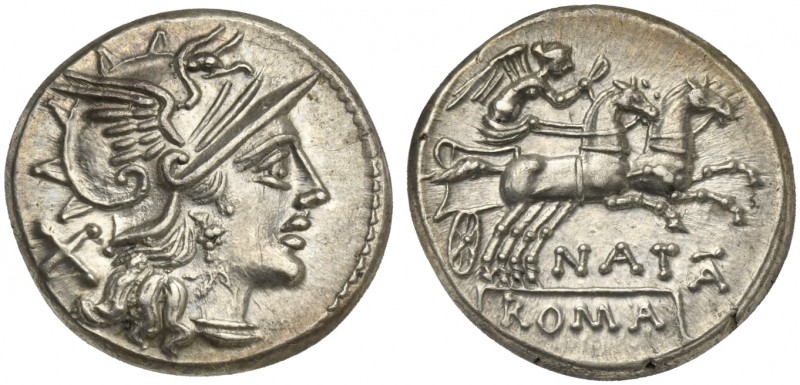 Pinarius Natta, Denarius, Rome, 149 BC; AR (g 3,94; mm 18; h 5); Helmeted head o...