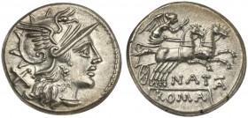 Pinarius Natta, Denarius, Rome, 149 BC; AR (g 3,94; mm 18; h 5); Helmeted head of Roma r.; behind, X, Rv. Victory in biga r., holding reins and whip; ...