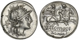 C. Junius C.f., Denarius, Rome, 149 BC; AR (g 4,04; mm 18; h 10); Helmeted head of Roma r.; behind, X, Rv. Dioscuri galloping r.; below, C IVNI C F; i...