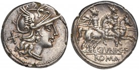 C. Junius C.f., Denarius, Rome, 149 BC; AR (g 3,97; mm 18; h 1); Helmeted head of Roma r.; behind, X, Rv. Dioscuri galloping r.; below, C IVNI C F; in...