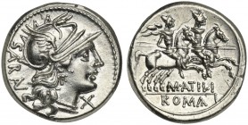 M. Atilius Saranus, Denarius, Rome, 148 BC; AR (g 4,13; mm 18; h 2); Helmeted head of Roma r.; behind, SARAN; before, X, Rv. Dioscuri galloping r.; be...