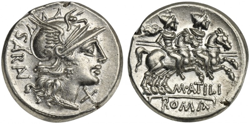 M. Atilius Saranus, Denarius, Rome, 148 BC; AR (g 4,02; mm 18; h 3); Helmeted he...