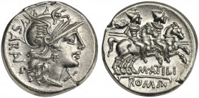 M. Atilius Saranus, Denarius, Rome, 148 BC; AR (g 4,02; mm 18; h 3); Helmeted head of Roma r.; behind, SARAN; before, X, Rv. Dioscuri galloping r.; be...