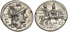 Q. Marcius Libo, Denarius, Rome, 148 BC; AR (g 3,82; mm 19; h 12); Helmeted head of Roma r.; behind, LIBO; before, X, Rv. Dioscuri galloping r.; below...