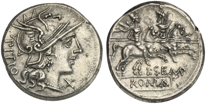 L. Sempronius Pitio, Denarius, Rome, 148 BC; AR (g 4,06; mm 17; h 2); Helmeted h...