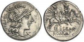 L. Sempronius Pitio, Denarius, Rome, 148 BC; AR (g 4,06; mm 17; h 2); Helmeted head of Roma r.; behind, PITIO; before, X, Rv. Dioscuri galloping r.; b...