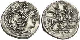 C. Terentius Lucanus, Denarius, Rome, 147 BC; AR (g 4,20; mm 20; h 11); Helmeted head of Roma r.; behind, Victory holding wreath and X, Rv. Dioscuri g...