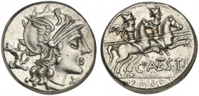 C. Antestius, Denarius, Rome, 146 BC; AR (g 3,82; mm 17; h 5); Helmeted head of Roma r.; before, X; behind, dog walking upwards, Rv. Dioscuri gallopin...