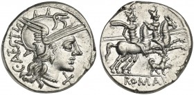 C. Antestius, Denarius, Rome, 146 BC; AR (g 3,65; mm 19; h 10); Helmeted head of Roma r.; before, X; behind, C ANTESTI, Rv. Dioscuri galloping r.; bel...