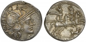 C. Antestius, Denarius, Rome, 146 BC ; AR (g 3,61; mm 19; h 6); Helmeted head of Roma r.; before, *; behind, C ANTESTI, RV. Dioscuri galloping r.; bel...