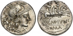 M. Junius Silanus, Denarius, Rome, 145 BC; AR (g 3,85; mm 18; h 3); Helmeted head of Roma r.; before, X; behind, ass head, Rv. Dioscuri galloping r.; ...