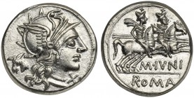 M. Junius Silanus, Denarius, Rome, 145 BC; AR (g 4,15; mm 19; h 3); Helmeted head of Roma r.; before, X; behind, ass head, Rv. Dioscuri galloping r.; ...