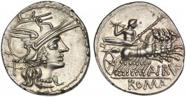 T. Annius Rufus, Denarius, Rome, 144 BC; AR (g 3,79; mm 21; h 7); Helmeted head of Roma r.; behind, X, Rv. Jupiter in quadriga r., holding reins, scep...