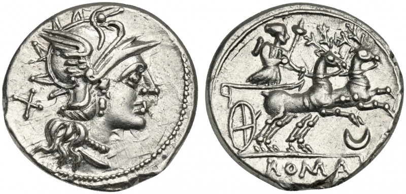 Anonymous, Denarius, Rome, 143 BC; AR (g 3,41; mm 19; h 2); Helmeted head of Rom...