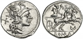 Anonymous, Denarius, Rome, 143 BC; AR (g 3,41; mm 19; h 2); Helmeted head of Roma r.; behind, X, Rv. Diana, with quiver on shoulder, in biga of stags ...
