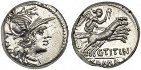 C. Titinius, Denarius, Rome, 141 BC; AR (g 3,99; mm 17; h 6); Helmeted head of Roma r.; behind, XVI, Rv. Victory in biga r., holding whip and reins; b...