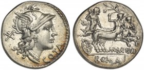 M. Aurelius Cotta, Denarius, Rome, 139 BC; AR (g 3,79; mm 19; h 2); Helmeted head of Roma r.; behind, X; before, COTA, Rv. Hercules in biga of centaur...
