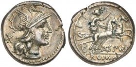 A. Spurilius, Denarius, Rome, 139 BC; AR (g 3,90; mm 18; h 10); Helmeted head of Roma r.; behind, X, Rv. Luna in biga r., holding reins and goad; belo...